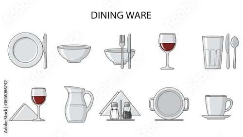 Top and bottom rows display ten sets of white and gray dining ware items