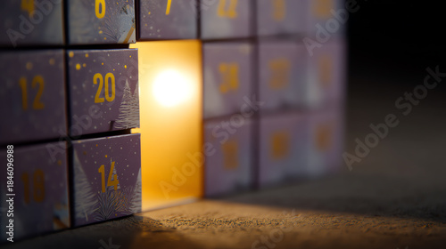 A glowing advent calendar door is open, revealing warm light and casting shadows on a textured surface, evoking anticipation and festive holiday spirit