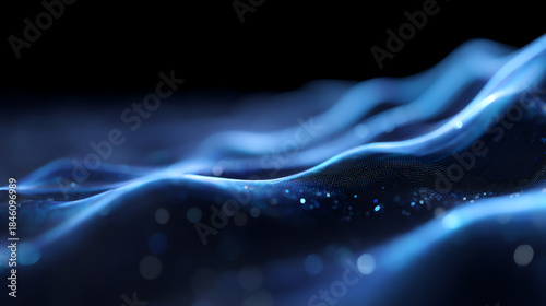 Abstract blue digital waves with glowing dots create a futuristic, flowing landscape effect on a dark background, evoking technology, data, and motion