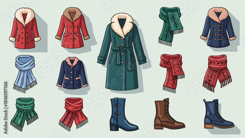 Winter clothing collection with coats, scarves, and boots