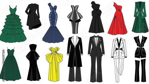 Collection of elegant formal wear for men and women in various colors