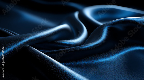 A close-up of smooth, dark blue satin fabric with gentle folds and a subtle sheen, highlighting its luxurious and silky texture under soft lighting