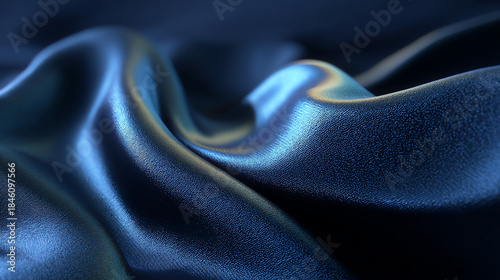 Close-up of smooth, dark blue satin fabric with gentle folds and a lustrous sheen reflecting soft light, highlighting its silky texture and elegant drape
