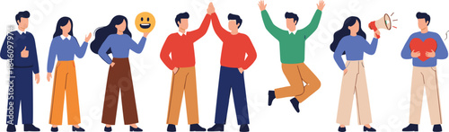 Flat cartoon people character set showing teamwork, celebration, communication, happiness and positive emotions for web and app design
