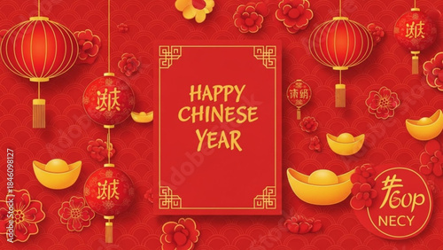 Happy chinese year celebration background with red lanterns, gold coins, and cherry blossoms, festive decorations