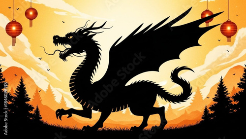 A majestic black dragon silhouette with fiery orange lanterns in a serene mountain landscape at sunset