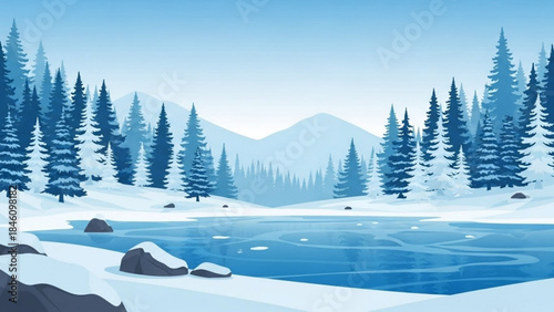 Snowy serene landscape with frozen lake, pine trees, and mountains in background under clear blue sky