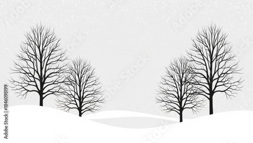 Four bare trees stand on snowy hill with white background
