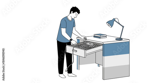 Man inspecting computer components in a desk drawer, flat vector illustration