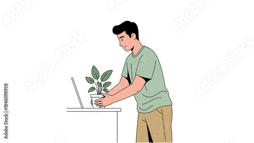 Man placing plant near laptop, home office concept illustration, isolated on white