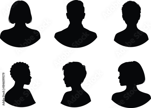 Diverse Profile Silhouettes Avatar Set: Man and Woman Head Icons