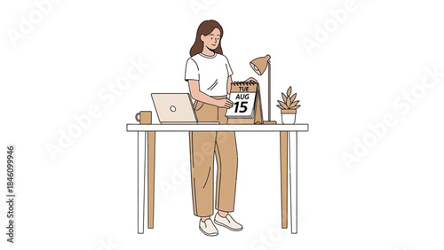 Woman at her desk looking at calendar, checking date and reminding of important events