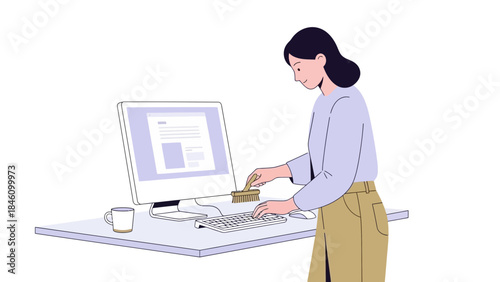 Woman Cleaning a Computer Keyboard at Her Desk Simple Illustration Vector
