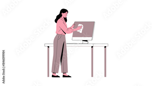 Woman Cleaning Computer Monitor on Desk in Office Vector Illustration Minimalist Style