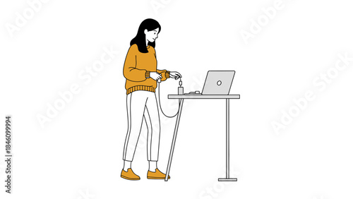 Woman connecting device to laptop on a modern slim table doing everyday work no comma