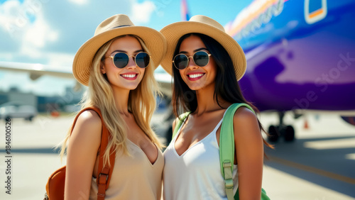 two happy girls in straw hats and sunglasses against the background of a purple airplane
