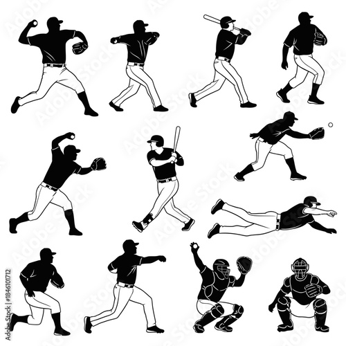 Baseball Player Silhouettes Set Showing Various Actions and Positions