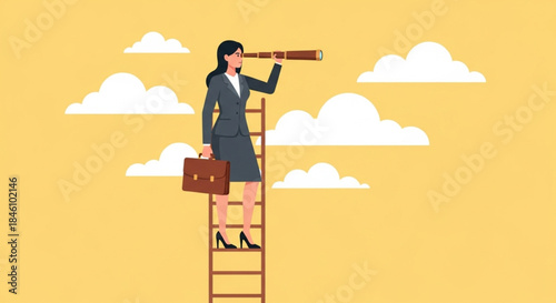 Businesswoman Standing on Ladder Using Telescope for Visionary Planning in Outdoor Minimalist Environment Illustration