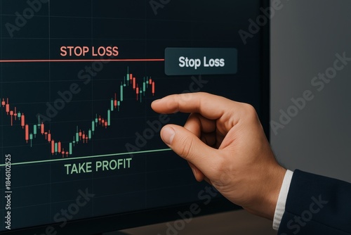 Hand pointing at stop loss and take profit levels on trading chart screen