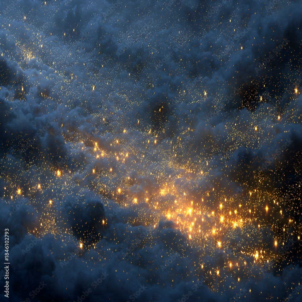 Fototapeta premium An ethereal galaxy of golden starlight twinkles amidst swirling, dark clouds in a celestial display of cosmic beauty and wonder.