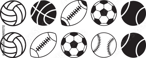 A symmetrical arrangement of various sports balls including soccer, basketball, and baseball outlines
