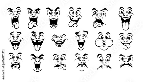 Levity and Laughter: Collection of Funny Goofy Facial Expressions Vector Silhouettes