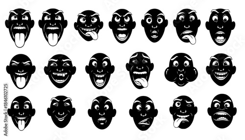 Levity and Laughter: Collection of Funny Goofy Facial Expressions Vector Silhouettes