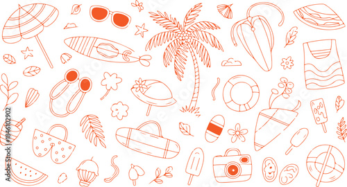 An inviting collection of summer vacation doodle elements featuring beach items and holiday essentials