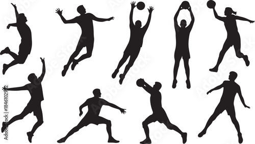 Black silhouettes of athletes jumping and holding balls in dynamic sports poses