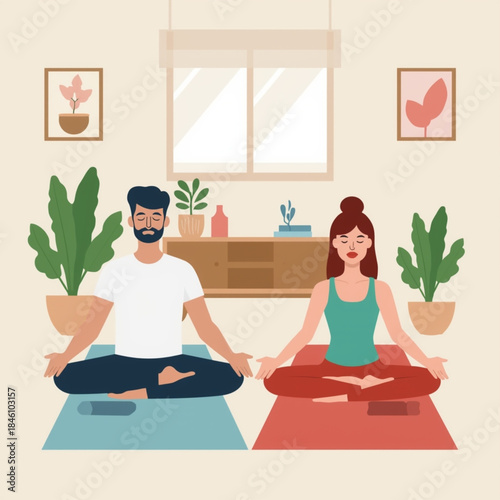A serene couple practices yoga and meditation together in the peaceful comfort of their home