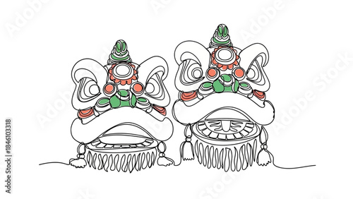 Minimalistic Line Art of Two Traditional Chinese Lion Dance Masks with Color Accents