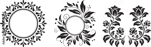 Elegant black floral decorative frames and corner elements with leaves and swirls on a white background