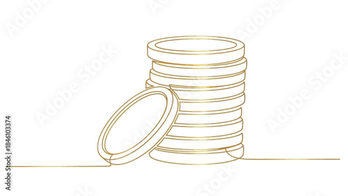 Minimalistic line drawing of a stack of coins with one coin leaning against it symbolizing finance