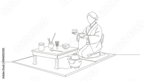 Minimalistic Line Drawing of a Traditional Japanese Tea Ceremony Scene with a Woman in Kimono