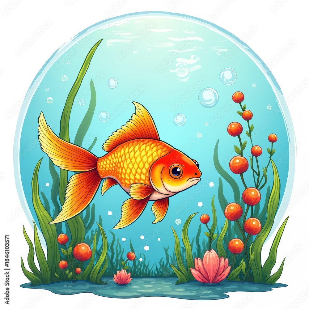 Naklejka premium Golden goldfish swims in clear blue water among green algae and red berries. Cute cartoon fish in a round transparent bowl or aquarium. Underwater scene with bubbles and aquatic plants.