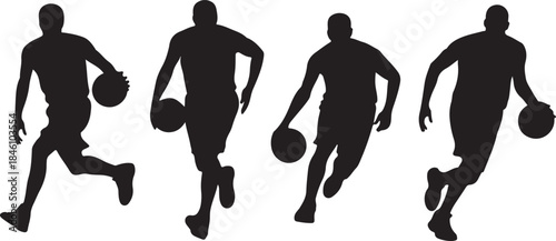 Four dynamic silhouettes of basketball players actively dribbling and running on a white surface