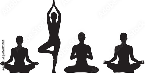 Four graceful human silhouettes demonstrating various peaceful yoga poses on a simple white backdrop