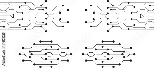 Minimalist black and white circuit board pattern showing electronic connections and pathways