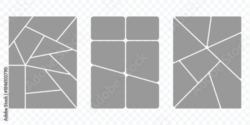 Digital photo wall template with grid of empty frames. Geometric tiles pattern for photo collage, website layout, etc. Trendy tiling frames arrangements and presentation templates for social media. 