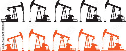 Rows of black and orange silhouettes depicting multiple oil pumpjacks against a plain white background