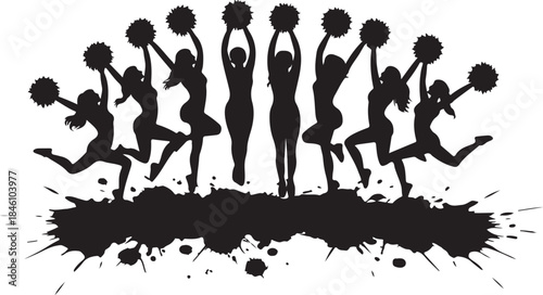 Silhouettes of cheerleaders holding pom poms jumping on a black paint splatter background