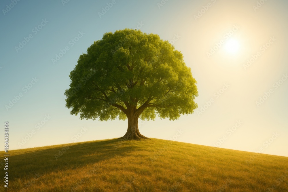 Obraz premium Large green tree standing alone on grassy hill under bright sun