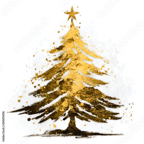 An elegant golden Christmas tree illustration with a star on top, watercolor texture, and splatters on a white background is perfect for holidays.