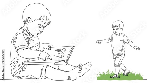 High-Quality Black Continuous Line Art of Toddler Reading Picture Book and Walking Barefoot on Grass