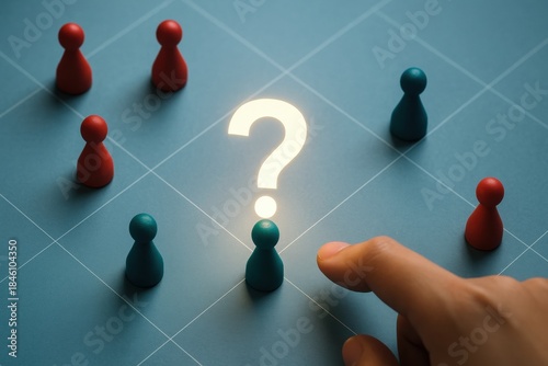 Person choosing game piece near question mark symbol on board game