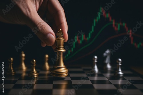 Hand moving golden king chess piece on board with stock market chart background