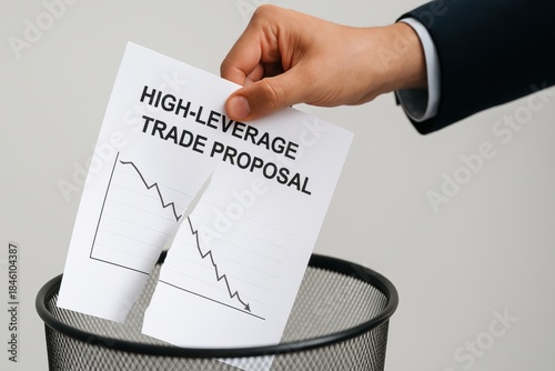 Businessman discarding high-leverage trade proposal with declining graph in office