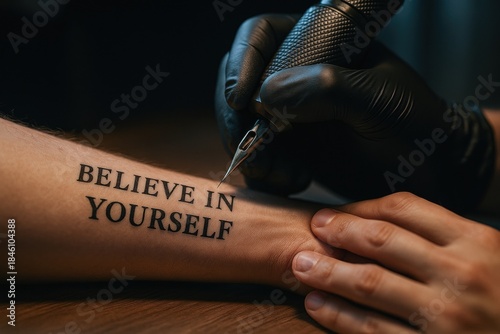 Tattoo artist creating believe in yourself tattoo on forearm for motivation