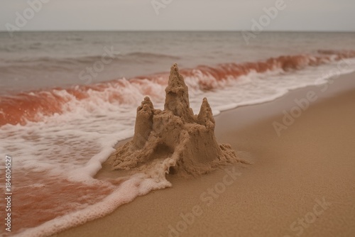 Sandcastle being washed by ocean waves on sandy beach shore