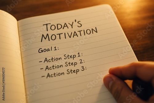 Notebook page with today's motivation and action steps for goal setting